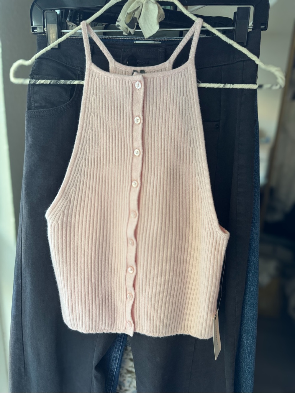 Anthropologie Pale Pink Ribbed Button-Front Halter Cami